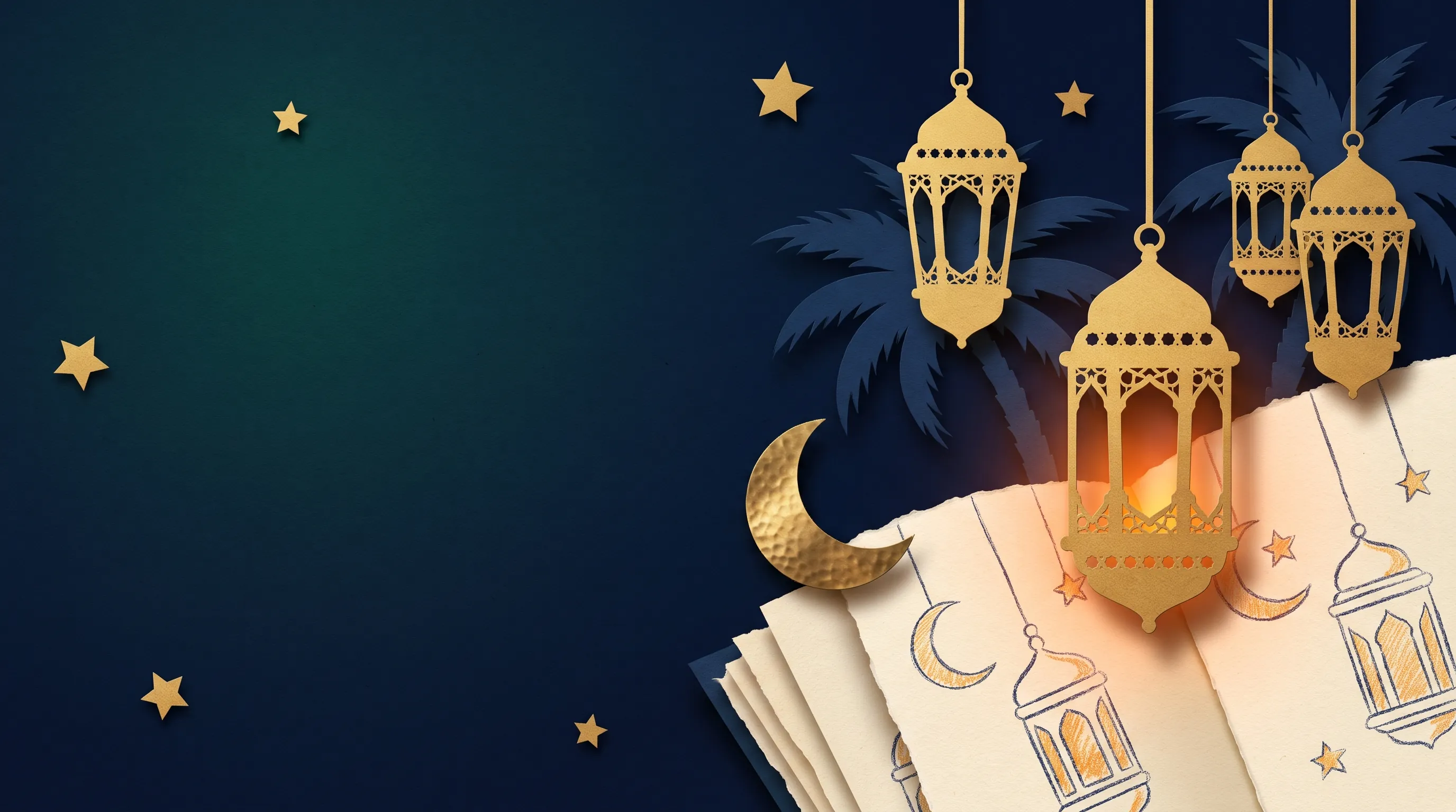 Paper-cut Ramadan lanterns and activity pages, no figures