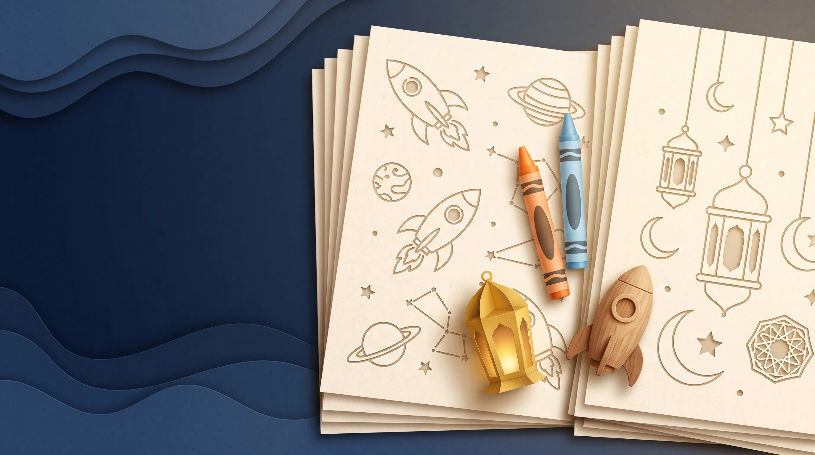 Paper-cut Space and Islamic activity pages together