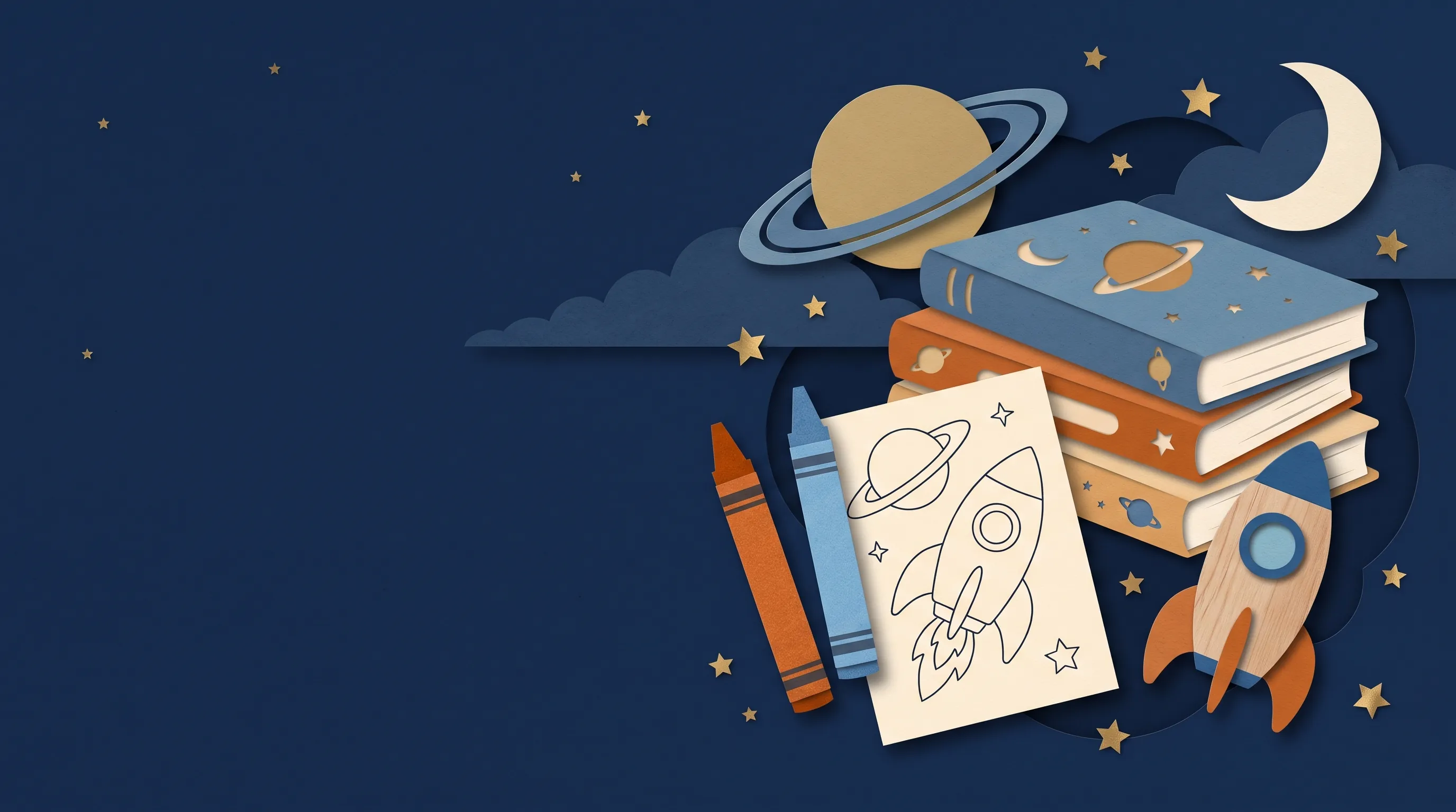 Paper-cut space scene with rockets, planets and activity pages
